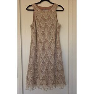 SL Fashions Vintage Gold Scallop Lace Fringe Shift Dress 16‎ Modern M Retro 20s